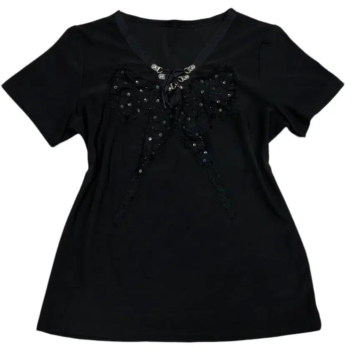 [BUNJANG] Japanese Gothic Punk Ribbon Patch Sequin Layered V-neck Short Sleeve Top / 일본 고딕 펑크 리본 패치 스팽글 레이어드 브이넥 반팔
