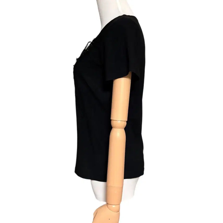 [BUNJANG] Japanese Gothic Punk Ribbon Patch Sequin Layered V-neck Short Sleeve Top / 일본 고딕 펑크 리본 패치 스팽글 레이어드 브이넥 반팔