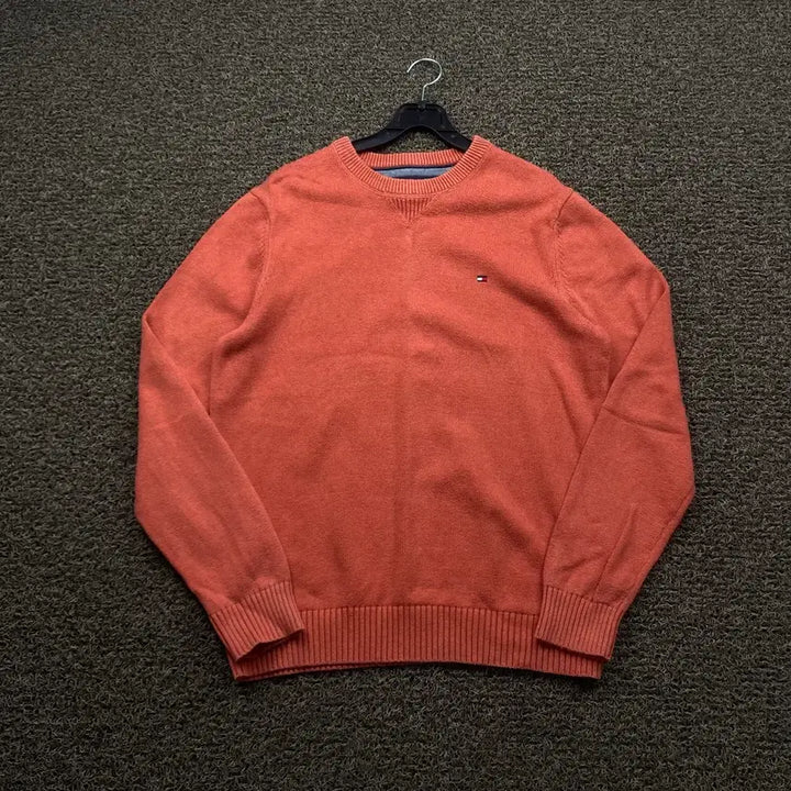[BUNJANG] Tommy Hilfiger Embroidered Logo Coral Cotton Knit Sweater / 타미힐피거 자수로고 다홍 코튼 니트