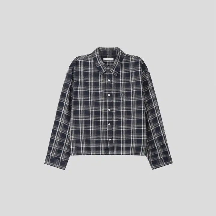 [BUNJANG] EEnus Navy Check Semi-Crop Shirt / EEnus 네이비 체크 세미크롭 셔츠 (FREE)