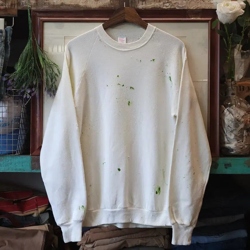 [BUNJANG] Vintage Plain Sweatshirt with Painting Damage - White L / 90s 빈티지 스웻셔츠 플레인 스웻셔츠 페인팅 데미지 화이트 L