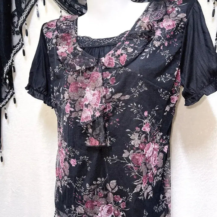 [BUNJANG] Romantic Gothic Oriental Dark Fairy Lace Top / 로맨틱고딕 오리엔탈 다크페어리 플라워 레이스 반팔탑 히메카지 갸루 핀터
