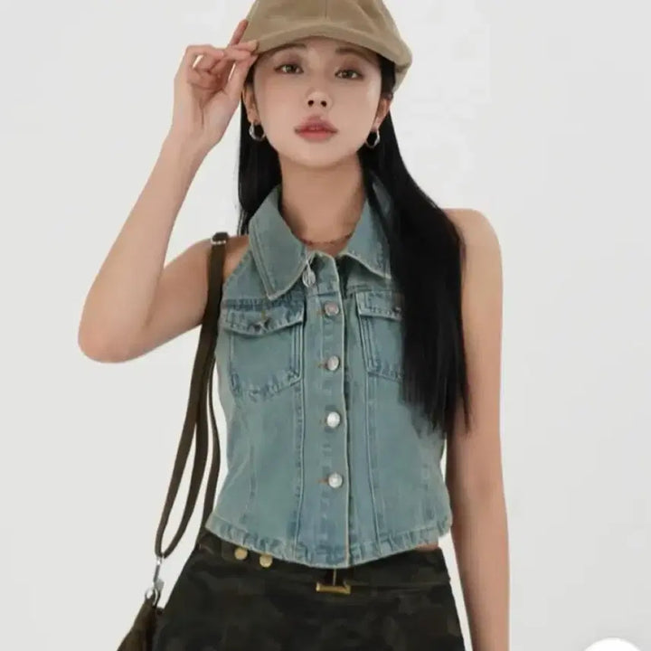 [SOLD OUT] 데님 홀터넥 나시 (지그재그 에이블리 청 크롭 조끼 탑 카라 y2k)