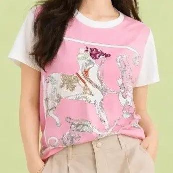[BUNJANG] Pink Scarf Print Short Sleeve T-shirt / 핑크 스카프 프린트 반팔티