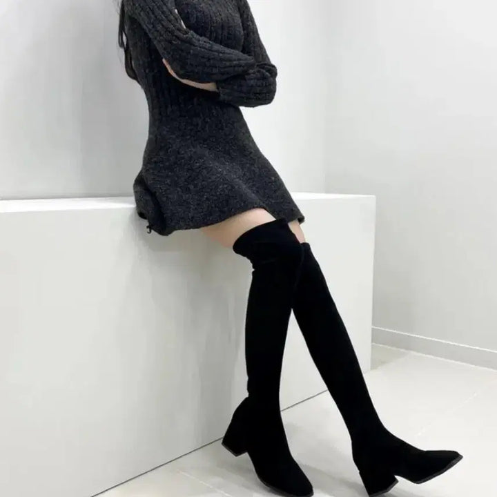 [BUNJANG] Black Suede 5cm Heel Long Boots / 블랙 스웨이드 스판 롱부츠 굽 5cm