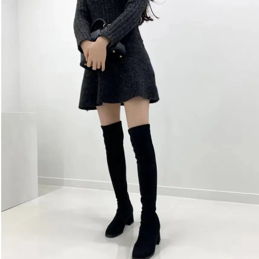 [BUNJANG] Black Suede 5cm Heel Long Boots / 블랙 스웨이드 스판 롱부츠 굽 5cm