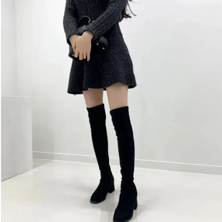 [BUNJANG] Black Suede 5cm Heel Long Boots / 블랙 스웨이드 스판 롱부츠 굽 5cm