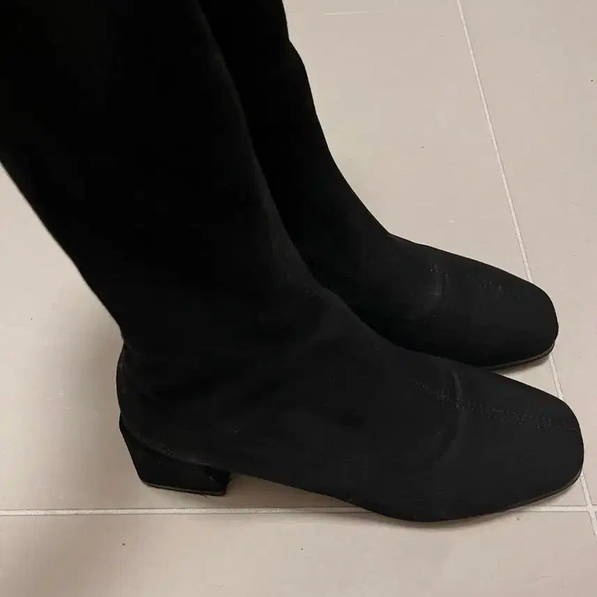 [BUNJANG] Black Suede 5cm Heel Long Boots / 블랙 스웨이드 스판 롱부츠 굽 5cm