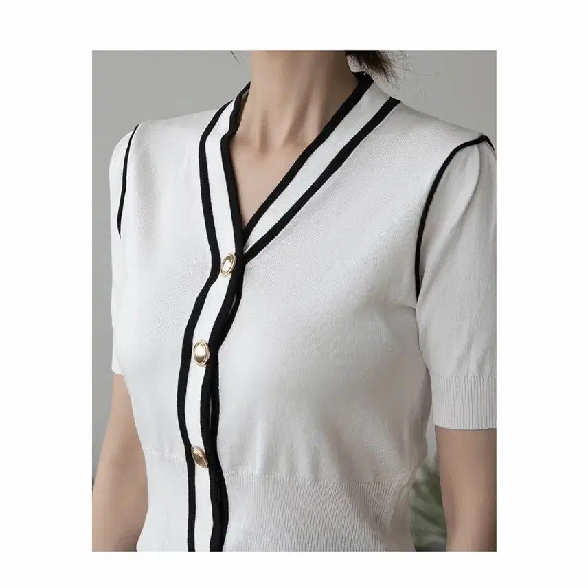 [BUNJANG] Nine V-Neck Short-Sleeve Cardigan / 여성F/ 나인 V넥 반팔 가디건WT 0-180