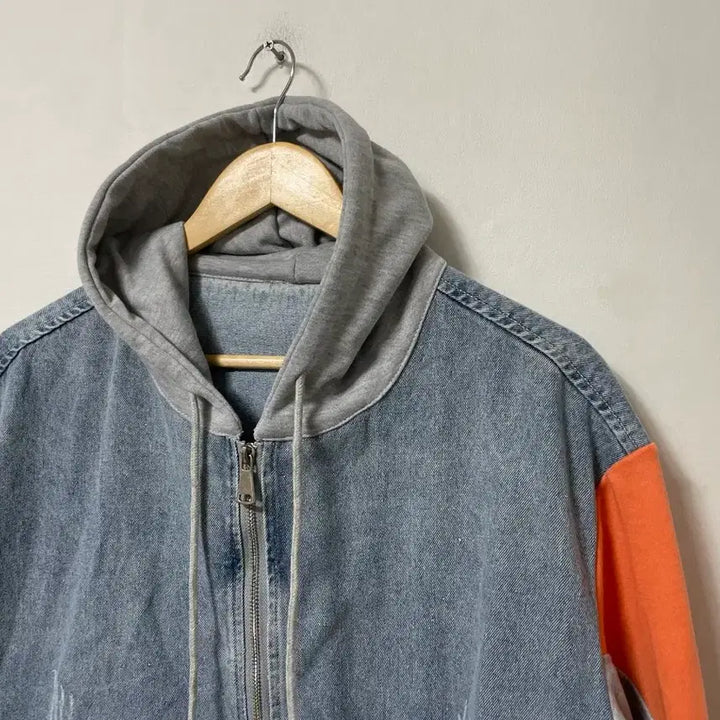 [BUNJANG] Color-Block Loose Fit Hooded Denim Jacket / Free 배색 루즈핏 후드 청자켓