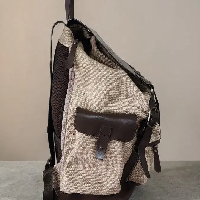[BUNJANG] Akiinsvin Canvas Leather Backpack Brown/Beige / Akiinsvin 캔버스 가죽 백팩 브라운 / 베이지