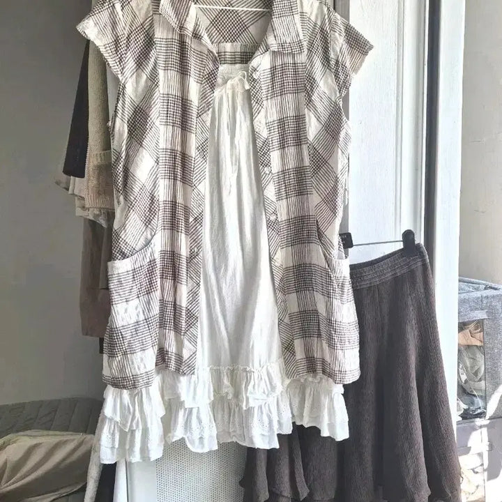 [BUNJANG] Vintage Mori Girl Check Short Sleeve Shirt / 빈티지 모리걸 반팔 체크 셔츠