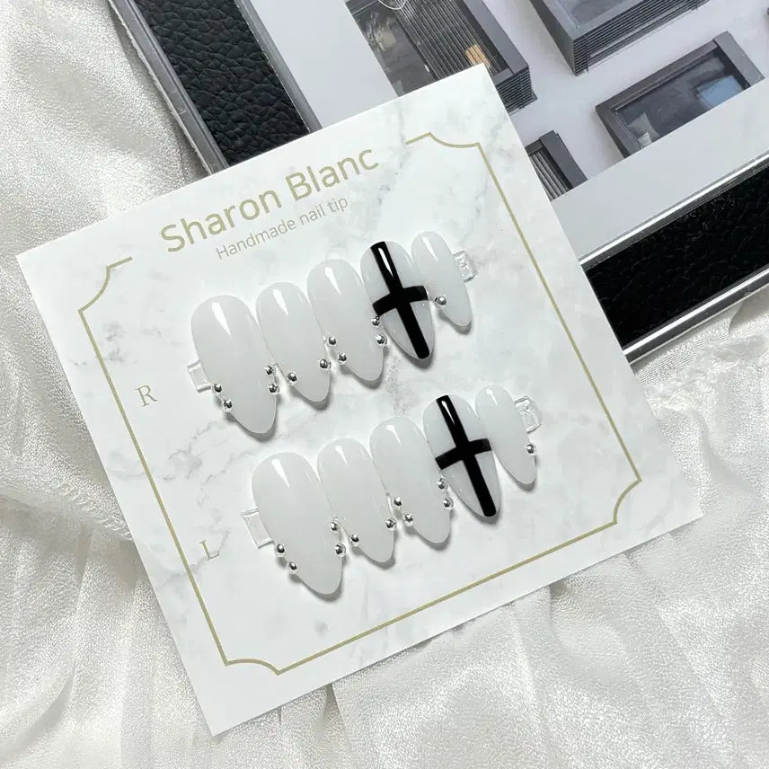[BUNJANG] Sharon Blanc Custom Silver Cross Nail Tips (14 Shapes) / *할인가* [주문제작] 십자가 실버볼 네일팁 / 14종 쉐입