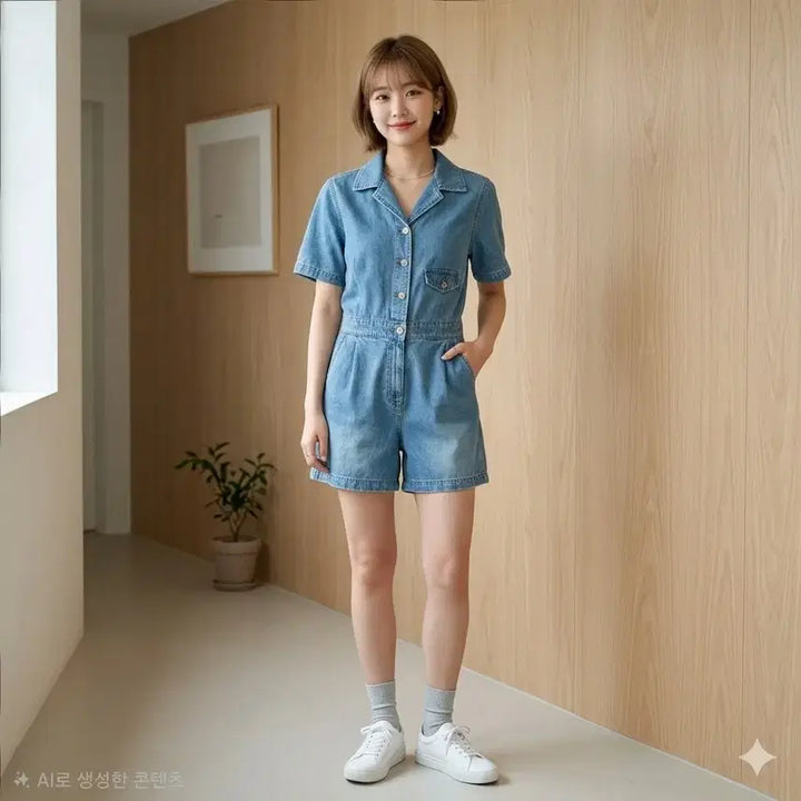 [SOLD OUT] 럭키마르쉐 데님 반팔 점프수트