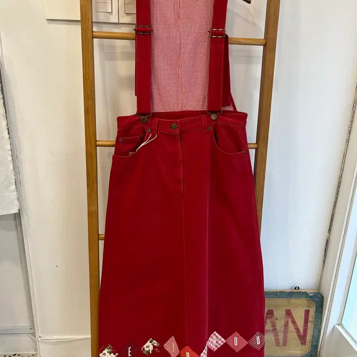 [BUNJANG] Pink House Vintage Red Patchwork Suspender Skirt / [정품] 핑크하우스 빈티지 레드 패치워크 멜빵치마