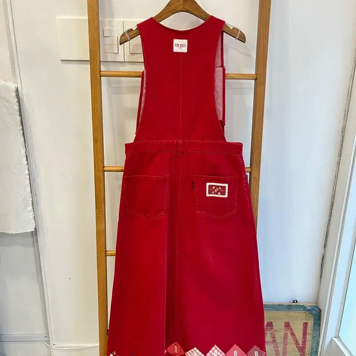 [BUNJANG] Pink House Vintage Red Patchwork Suspender Skirt / [정품] 핑크하우스 빈티지 레드 패치워크 멜빵치마