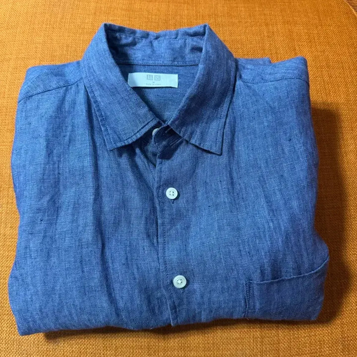 [BUNJANG] Uniqlo Linen Long Sleeve Shirt - Blue, Size M / 유니클로 린넨  긴팔 셔츠 M 블루