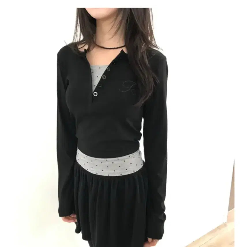 [BUNJANG] Ablie Layered Dot T-shirt / 교신ㄱㄴ) 유색 쿠이 버튼 레이어드 도트 티셔츠 에이블리