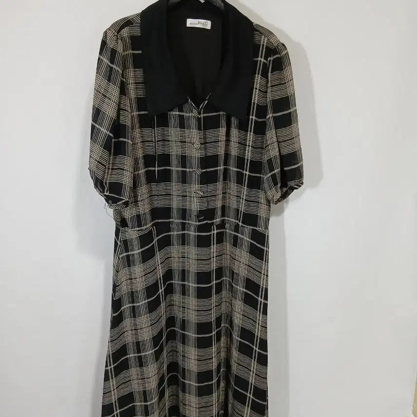 [BUNJANG] IVKO Check Chiffon Long Dress Black Collar / IVKO 체크 쉬폰 롱 원피스 블랙 카라