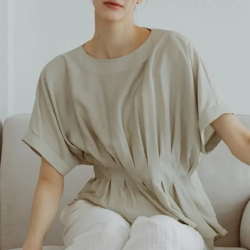 [SOLD OUT] 지에마르 웨이스트 포인트 블라우스 러플블라우스 셔링블라우스 반팔블라우스