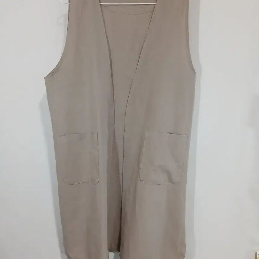 [BUNJANG] Beige Linen Long Vest Cardigan with Pockets / 베이지 린넨 롱 조끼 포켓형 가디건
