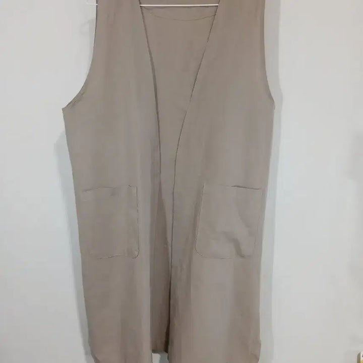 [BUNJANG] Beige Linen Long Vest Cardigan with Pockets / 베이지 린넨 롱 조끼 포켓형 가디건