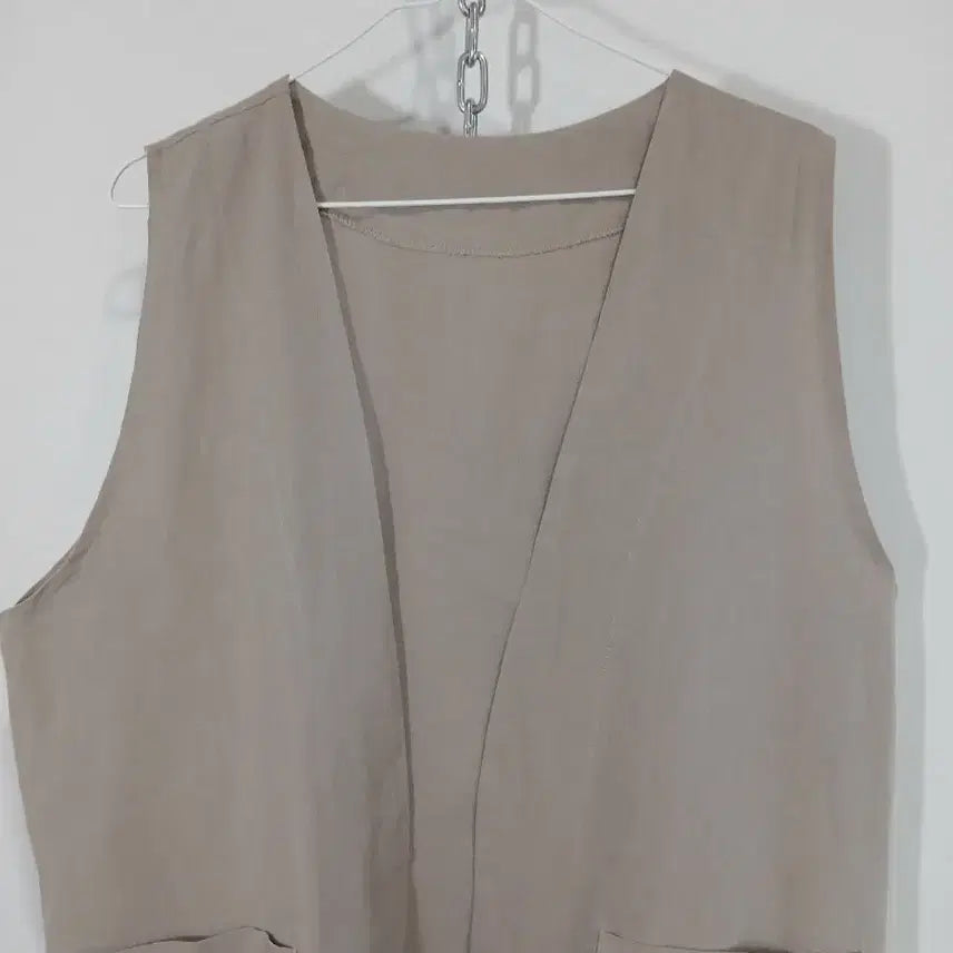 [BUNJANG] Beige Linen Long Vest Cardigan with Pockets / 베이지 린넨 롱 조끼 포켓형 가디건