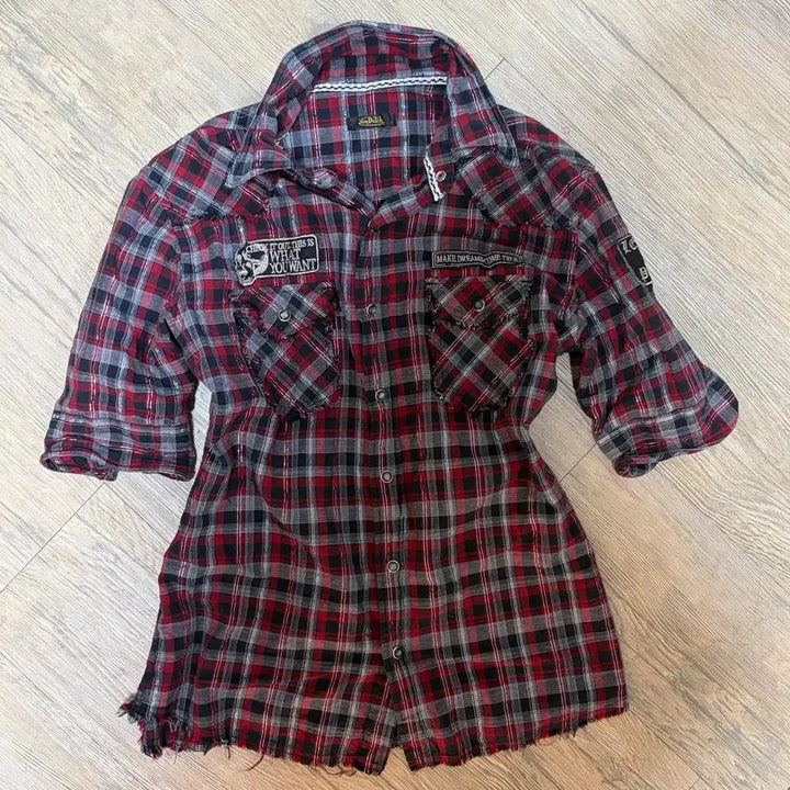 [BUNJANG] Von Dutch Red Check Skull Short Sleeve Shirt / 본더치 반팔셔츠 레드체크 스컬 해골 펑크 와투케