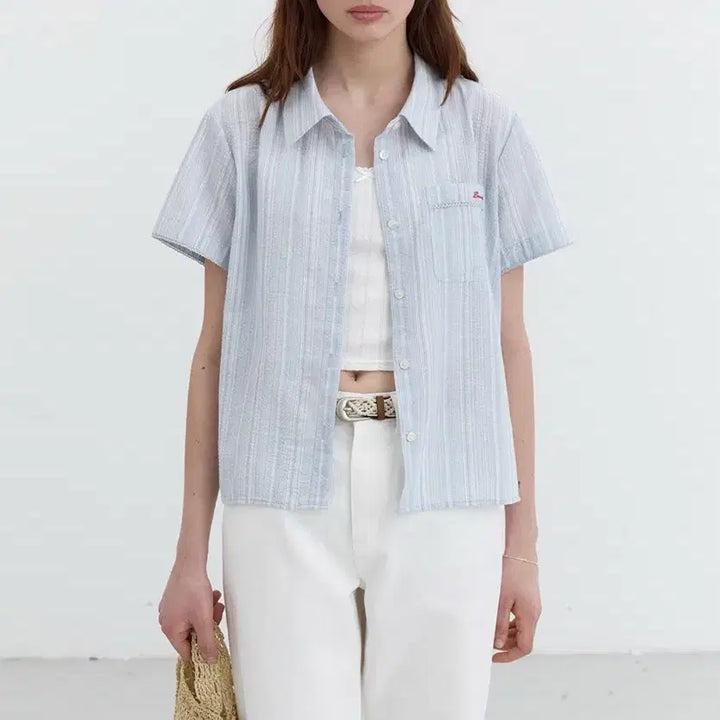 [BUNJANG] Dunst Blue Stripe Short Sleeve Shirt / 던스트 블루 스트라이프 반팔셔츠 여성반팔셔츠 반팔블라우스 반팔원피스