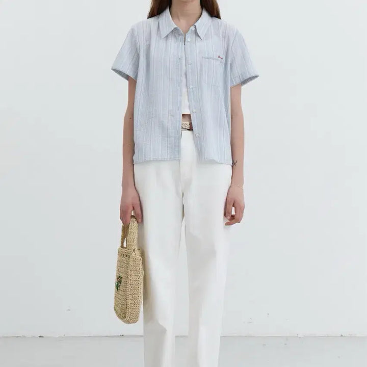 [BUNJANG] Dunst Blue Stripe Short Sleeve Shirt / 던스트 블루 스트라이프 반팔셔츠 여성반팔셔츠 반팔블라우스 반팔원피스