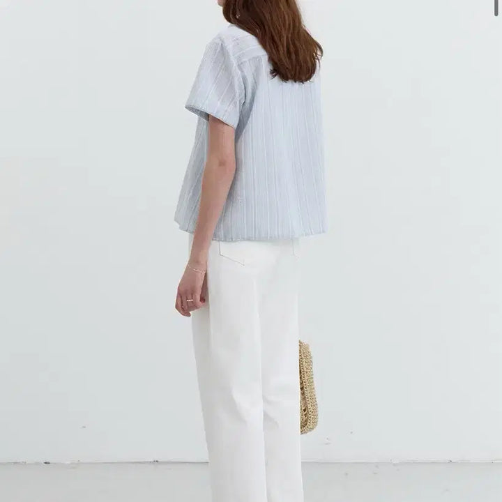 [BUNJANG] Dunst Blue Stripe Short Sleeve Shirt / 던스트 블루 스트라이프 반팔셔츠 여성반팔셔츠 반팔블라우스 반팔원피스