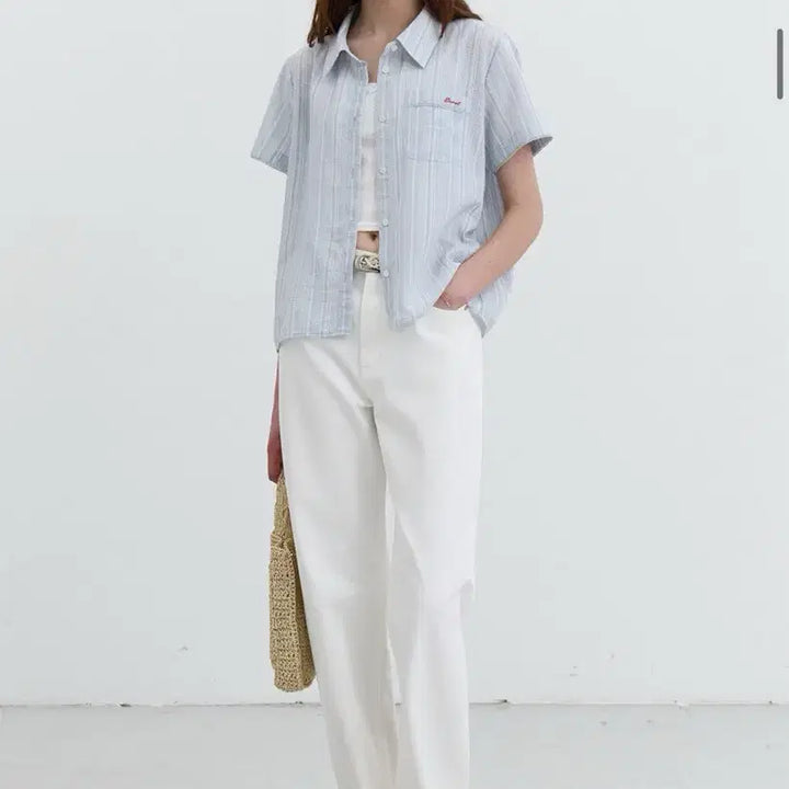 [BUNJANG] Dunst Blue Stripe Short Sleeve Shirt / 던스트 블루 스트라이프 반팔셔츠 여성반팔셔츠 반팔블라우스 반팔원피스