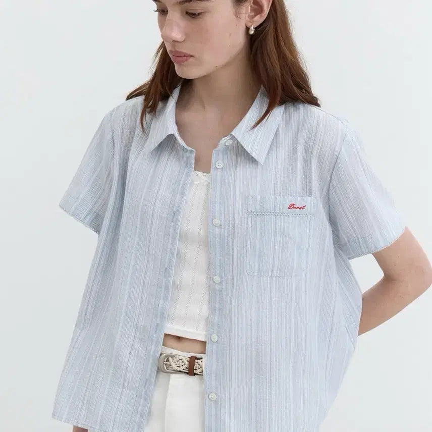 [BUNJANG] Dunst Blue Stripe Short Sleeve Shirt / 던스트 블루 스트라이프 반팔셔츠 여성반팔셔츠 반팔블라우스 반팔원피스