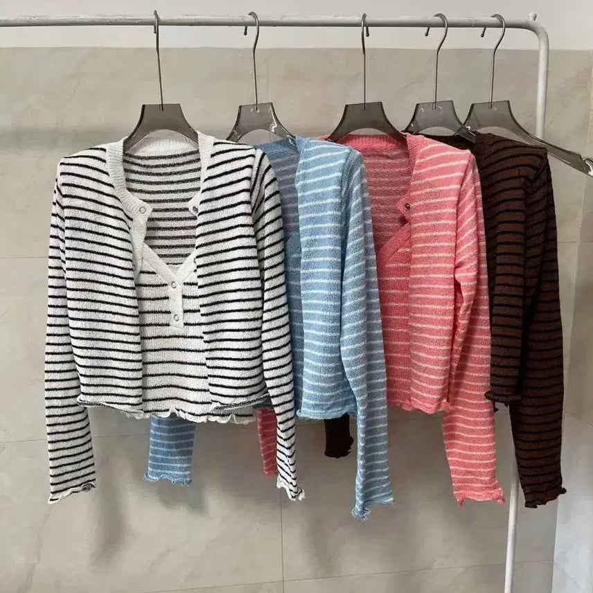 [BUNJANG] Anne Striped Shoulder Pad Cardigan / 대전 여성의류 단가라 어깨패드 가디건