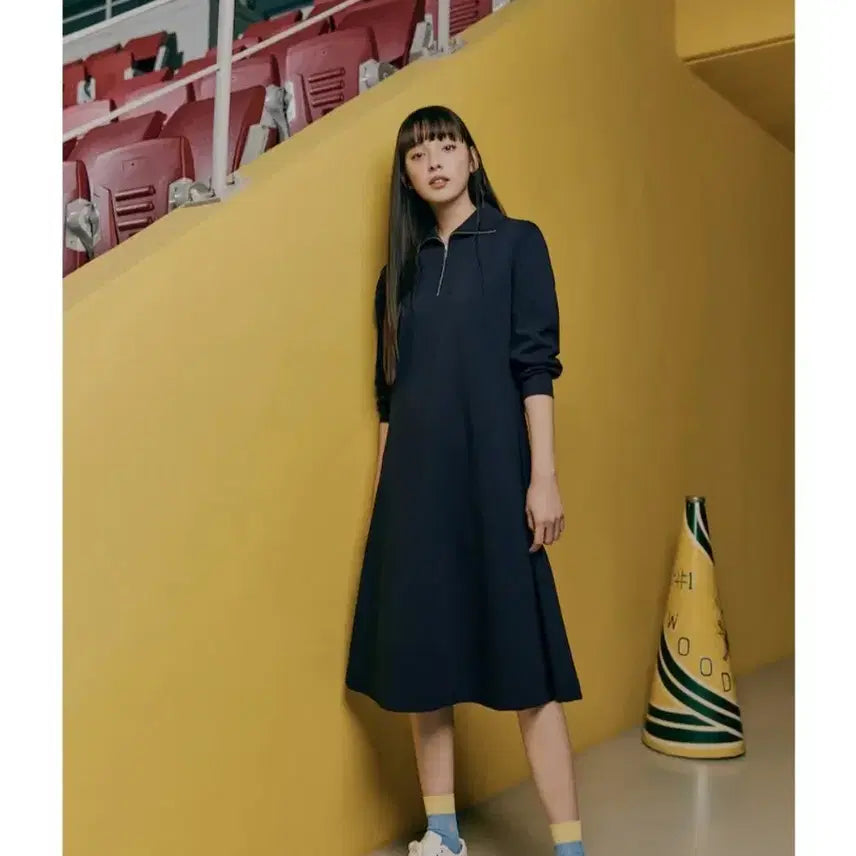 [BUNJANG] Beanpole Zip-Up Open Collar Jersey Dress Navy / 