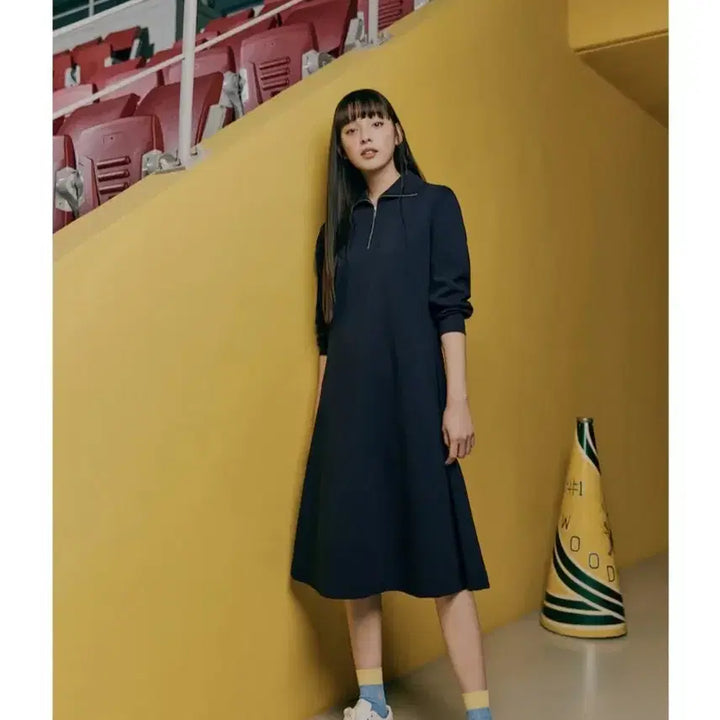[BUNJANG] Beanpole Zip-Up Open Collar Jersey Dress Navy / 