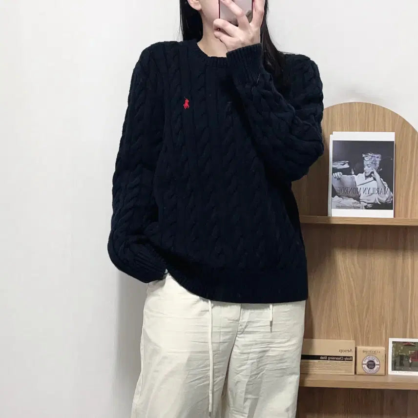 [BUNJANG] Polo Black Red Pony Cable Knit Sweater [L] / [정품] 폴로 블랙 / 레드포니 꽈배기 라운드 니트 [ L ]