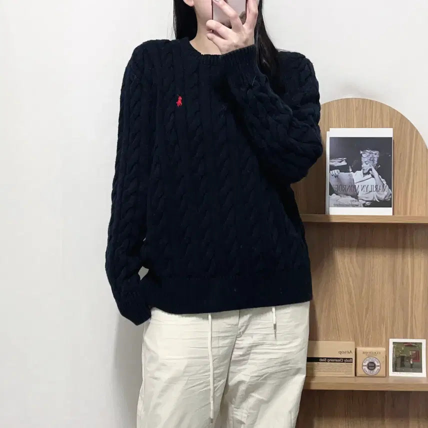 [BUNJANG] Polo Black Red Pony Cable Knit Sweater [L] / [정품] 폴로 블랙 / 레드포니 꽈배기 라운드 니트 [ L ]