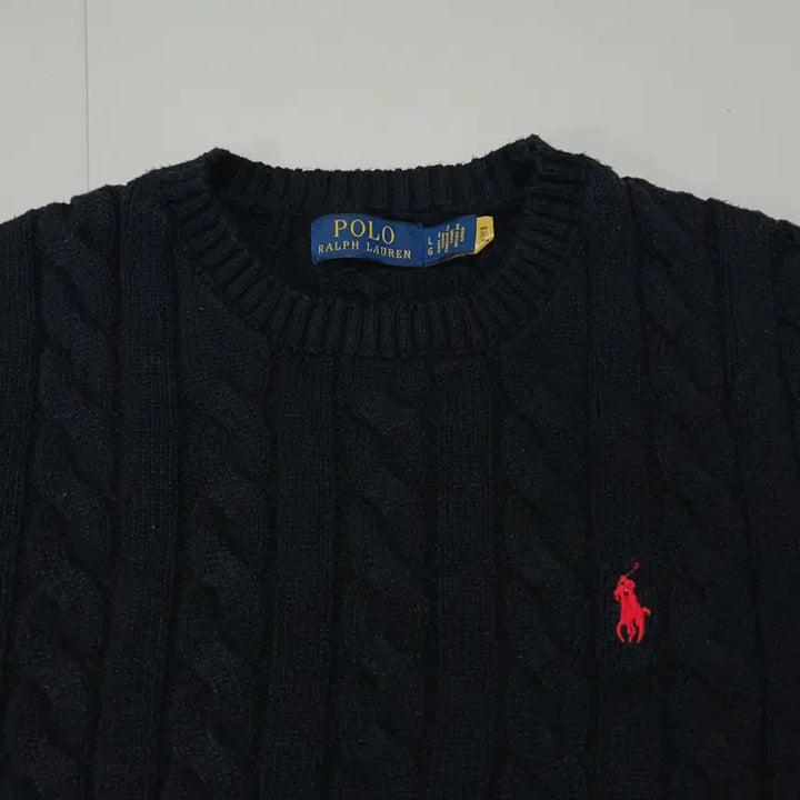 [BUNJANG] Polo Black Red Pony Cable Knit Sweater [L] / [정품] 폴로 블랙 / 레드포니 꽈배기 라운드 니트 [ L ]