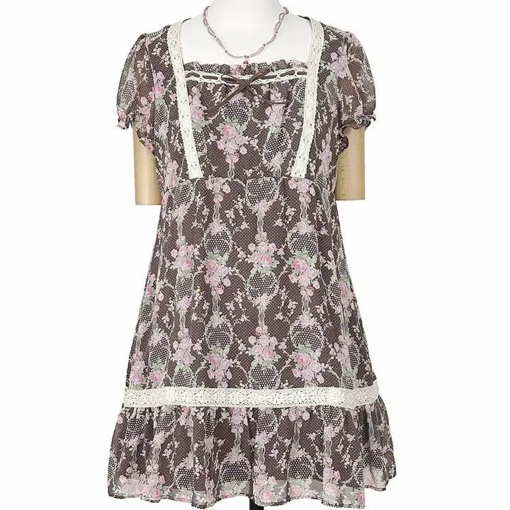 [BUNJANG] Japanese Vintage Polka Dot Flower Chiffon Cap Sleeve Ribbon Lace Dress / 일본빈티지 쉬폰캡소매리본도트플라워레이스원피스모리걸하구미룩갸루y2k히피
