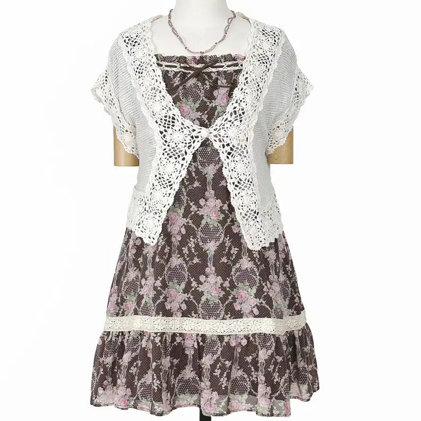 [BUNJANG] Japanese Vintage Polka Dot Flower Chiffon Cap Sleeve Ribbon Lace Dress / 일본빈티지 쉬폰캡소매리본도트플라워레이스원피스모리걸하구미룩갸루y2k히피