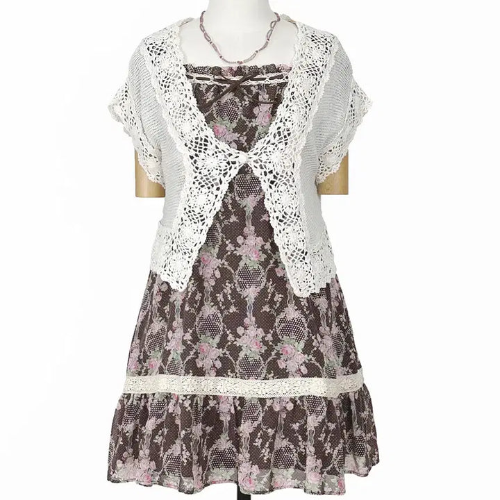 [BUNJANG] Japanese Vintage Polka Dot Flower Chiffon Cap Sleeve Ribbon Lace Dress / 일본빈티지 쉬폰캡소매리본도트플라워레이스원피스모리걸하구미룩갸루y2k히피