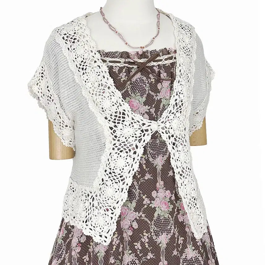 [BUNJANG] Japanese Vintage Polka Dot Flower Chiffon Cap Sleeve Ribbon Lace Dress / 일본빈티지 쉬폰캡소매리본도트플라워레이스원피스모리걸하구미룩갸루y2k히피