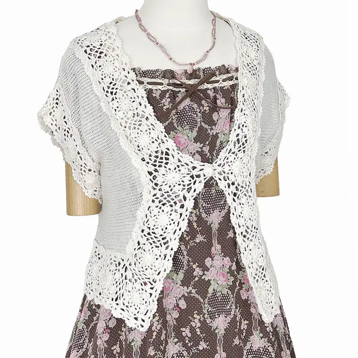 [BUNJANG] Japanese Vintage Polka Dot Flower Chiffon Cap Sleeve Ribbon Lace Dress / 일본빈티지 쉬폰캡소매리본도트플라워레이스원피스모리걸하구미룩갸루y2k히피