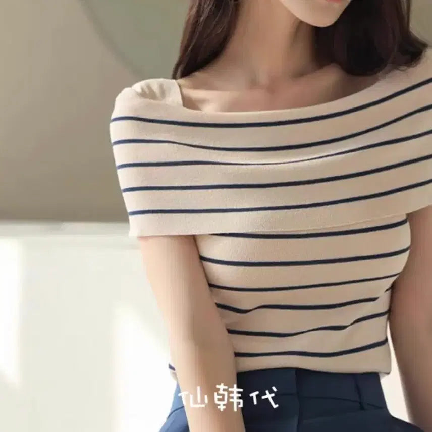 [BUNJANG] Striped Boat Neck Knit Top / 보트넥 줄무늬 스트라이프 반팔 니트