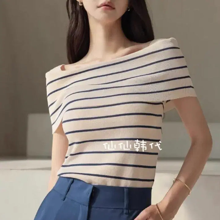 [BUNJANG] Striped Boat Neck Knit Top / 보트넥 줄무늬 스트라이프 반팔 니트