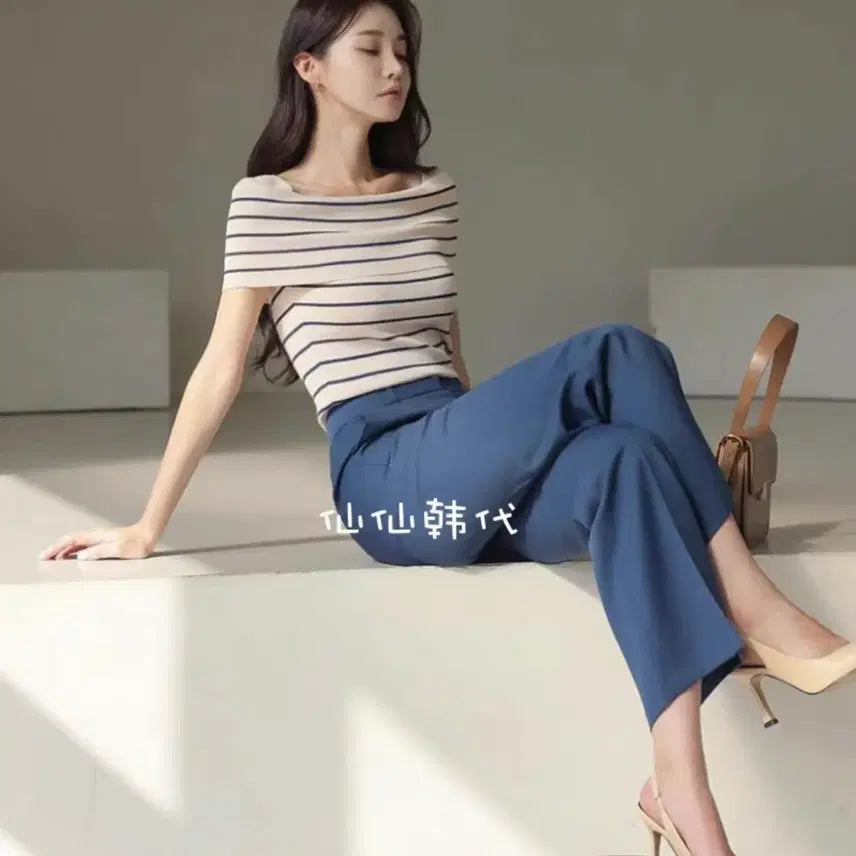 [BUNJANG] Striped Boat Neck Knit Top / 보트넥 줄무늬 스트라이프 반팔 니트