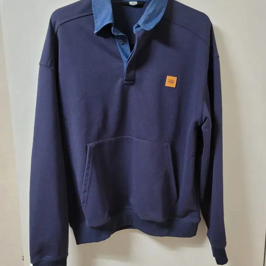 [BUNJANG] Trillion Leather Patch Denim Rugby Sweatshirt / [L] 트릴리온 레더 패치 데님 카라 럭비 맨투맨_네이비