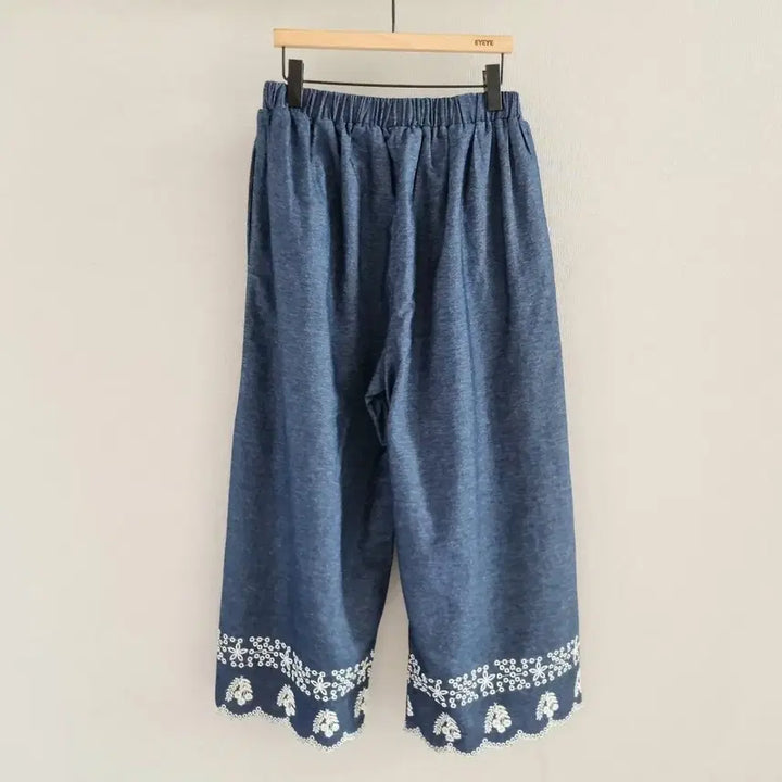 [BUNJANG] Embroidered Lace Denim Wide Pants / 면마 데님 와이드 팬츠 자수 레이스