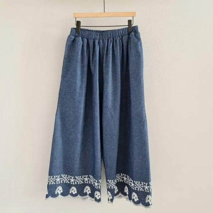 [BUNJANG] Embroidered Lace Denim Wide Pants / 면마 데님 와이드 팬츠 자수 레이스